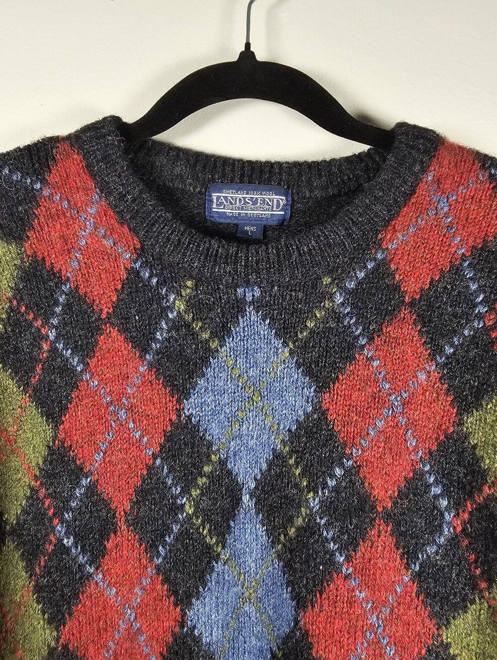 Vintage 90s Lands End 100% Shetland Wool Argyle Sweater Mens L Made in Scotland - Picture 3 of 10